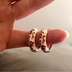 New Beautiful White, Gold & Red Cloisonné Hoop Earrings With Hoop Wire Closure